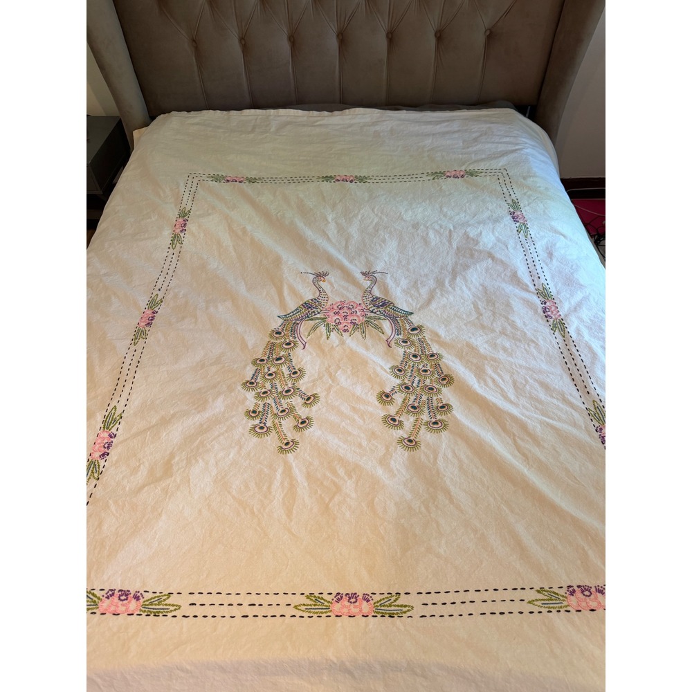 Vintage Hand Embroidered Peacock Bedspread Floral Coverlet Cream Bohemian 84x72